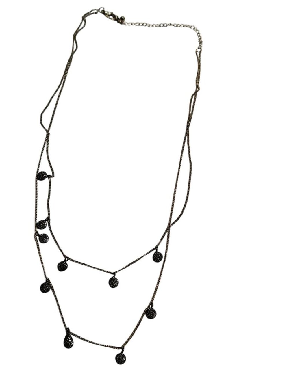2 Strand Goldtone Silvertone Chain Necklace Gunmetal Textured Disk Fringe 16 in.